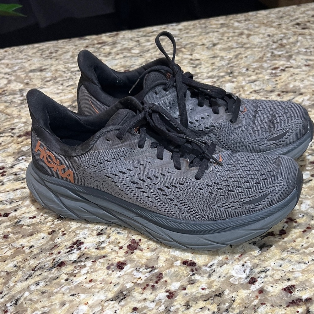 Hoka Charcoal and Orange Athletic Shoes